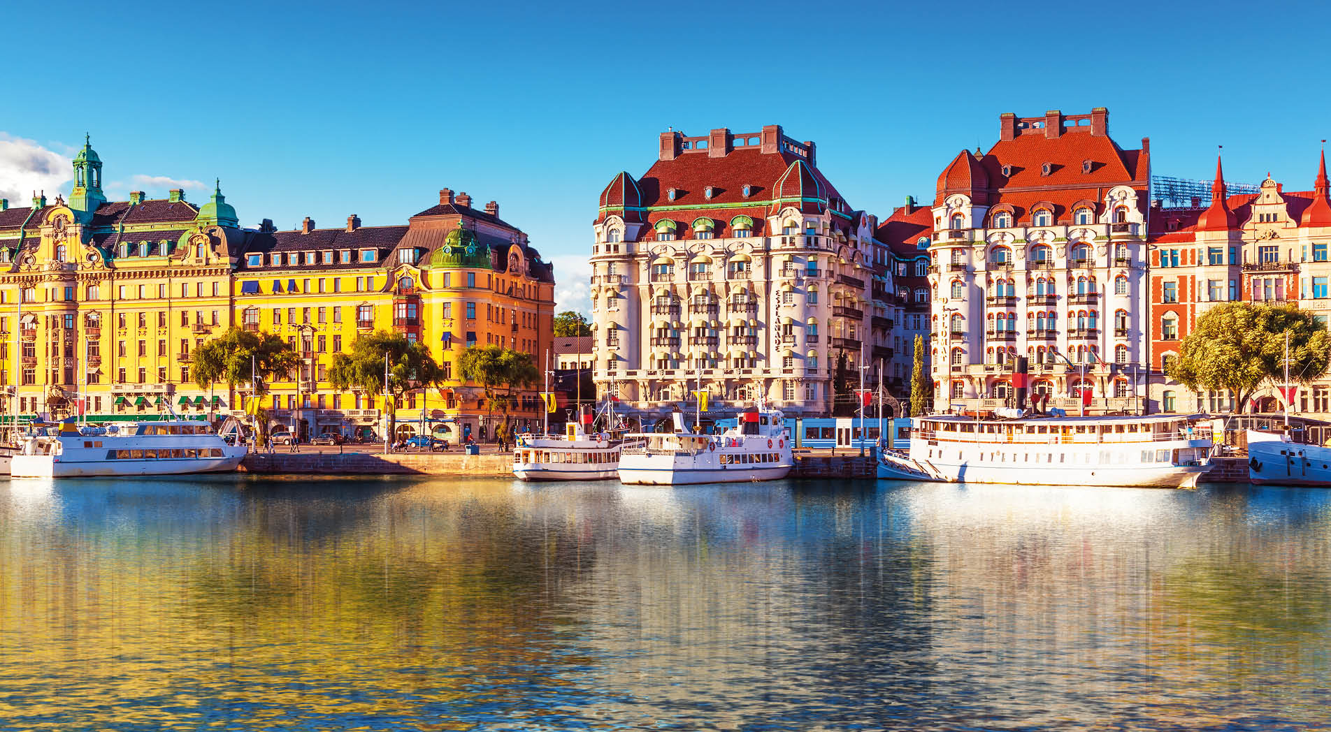 Scenic summer panorama of the Old Town (Gamla Stan) pier architecture in Stockholm, Sweden