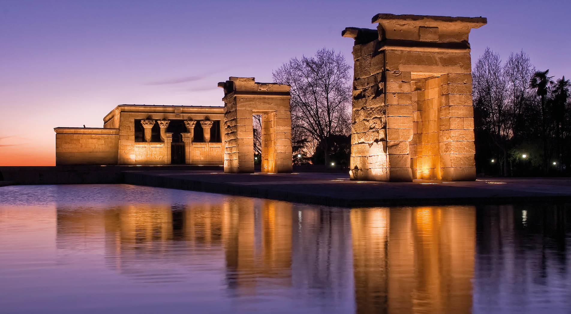 Ancient egyptian temple reflection at dusk