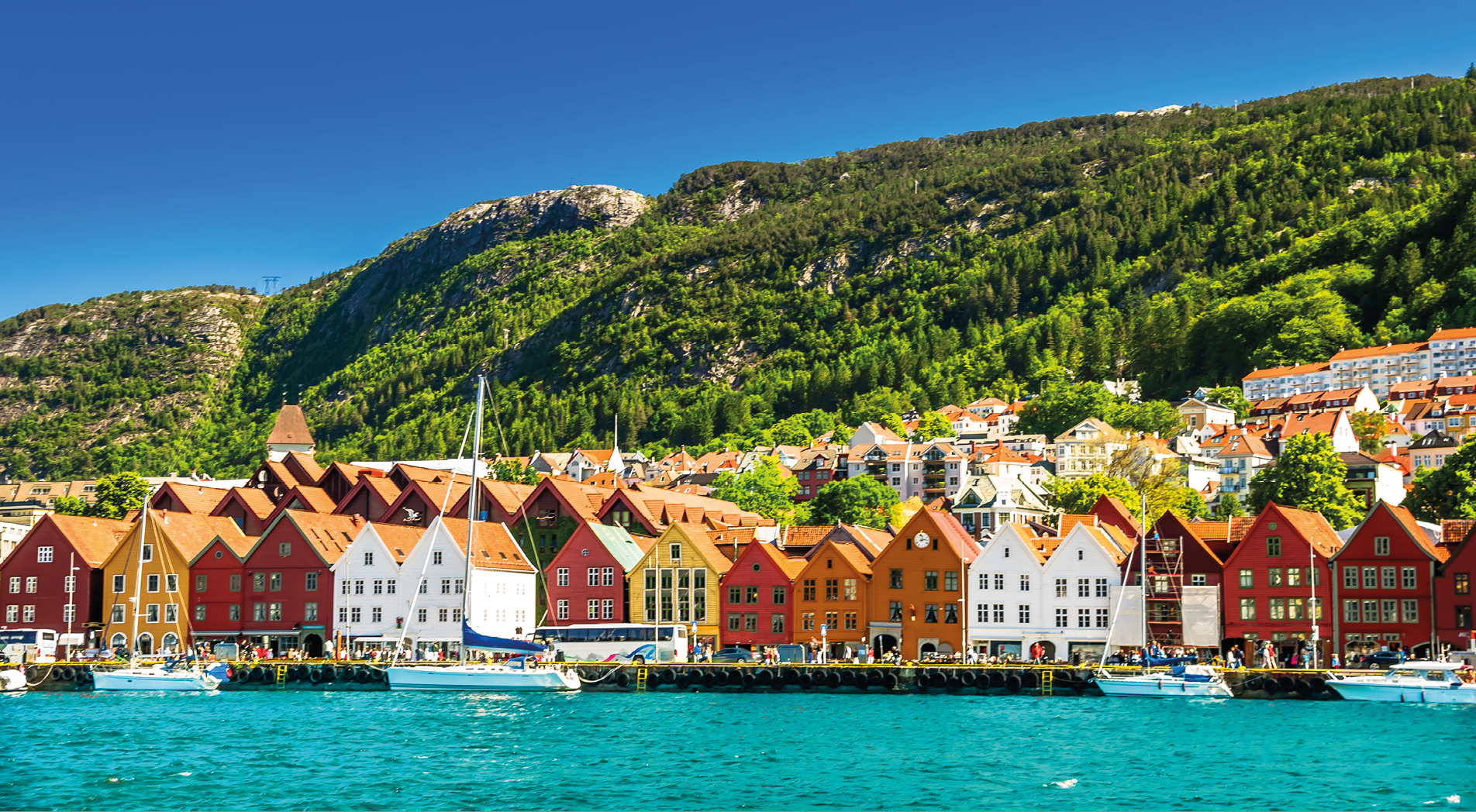 View on Cityscape and wooden building of Bryygen in Norway