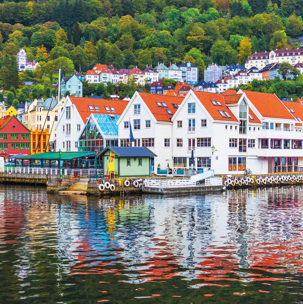 Scenic summer panorama of the Old Town pier architecture of Bryggen in Bergen, Norway