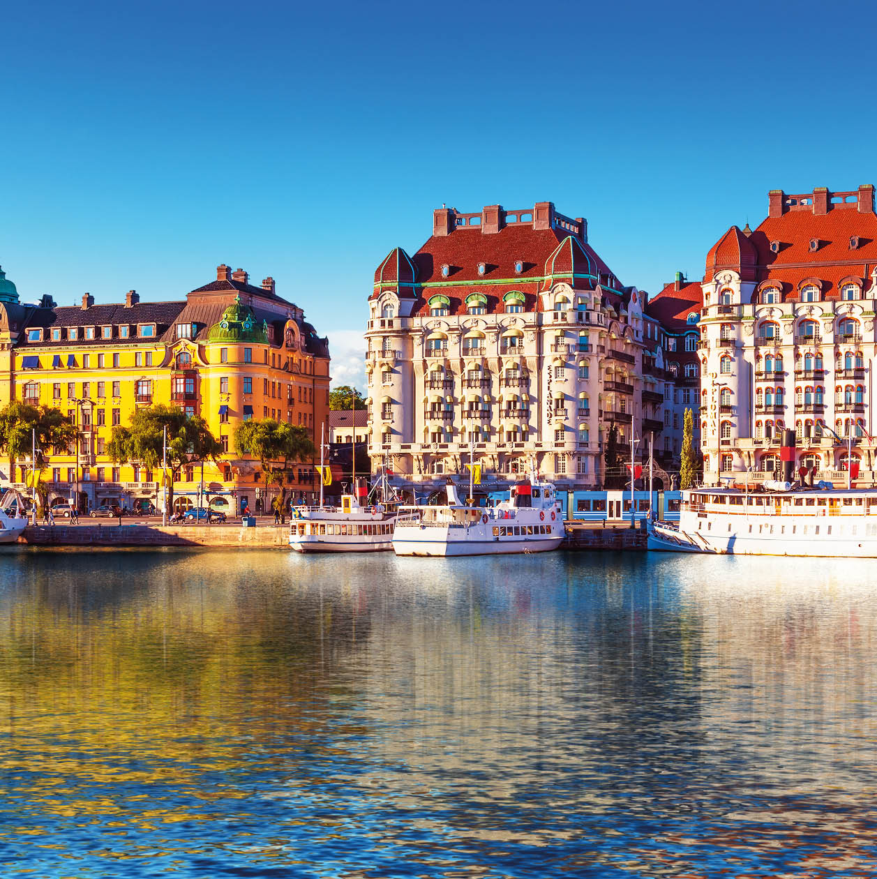 Scenic summer panorama of the Old Town (Gamla Stan) pier architecture in Stockholm, Sweden