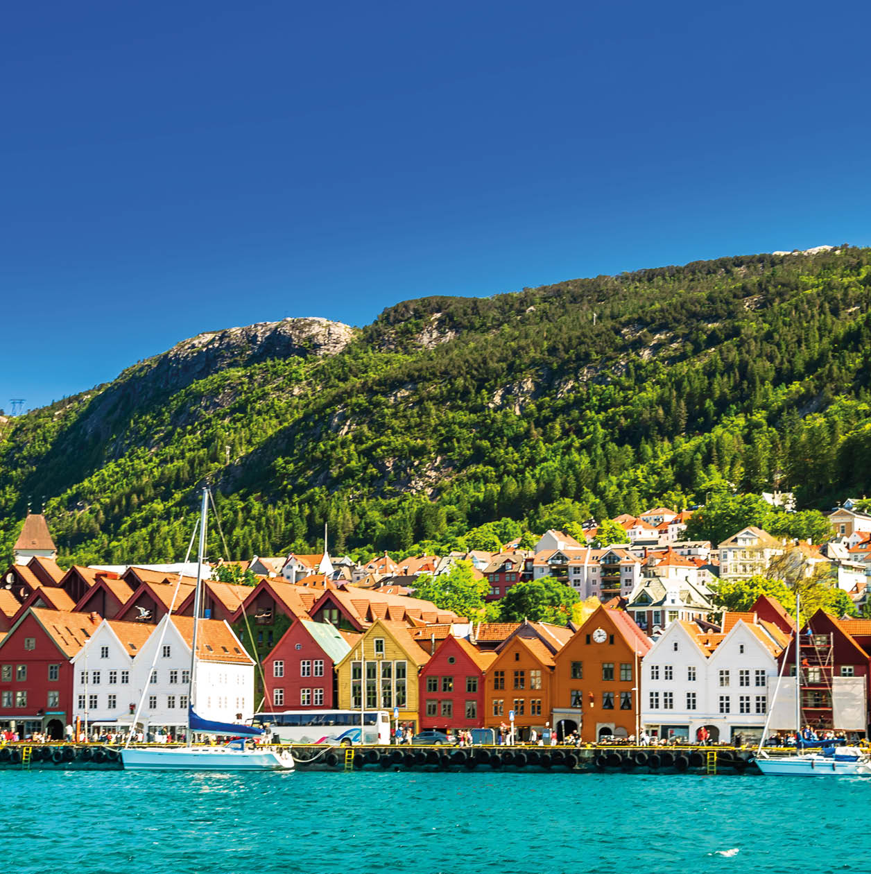 View on Cityscape and wooden building of Bryygen in Norway