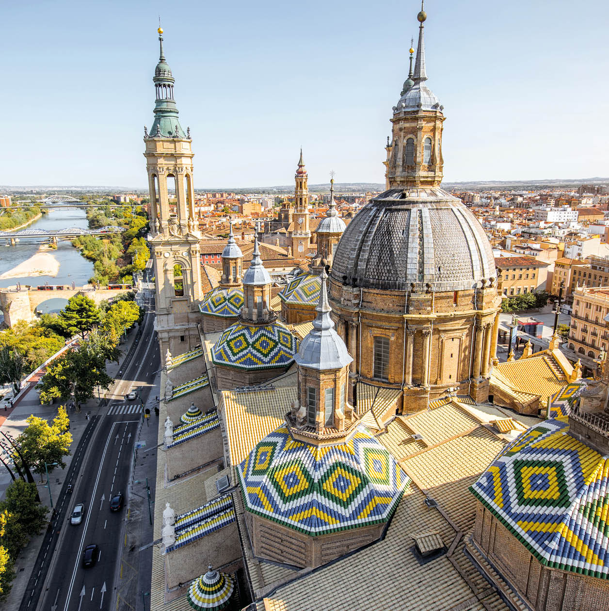 Aerial cityscape view on the roofs and spires of basilica of Our Lady in Zaragoza city in Spain