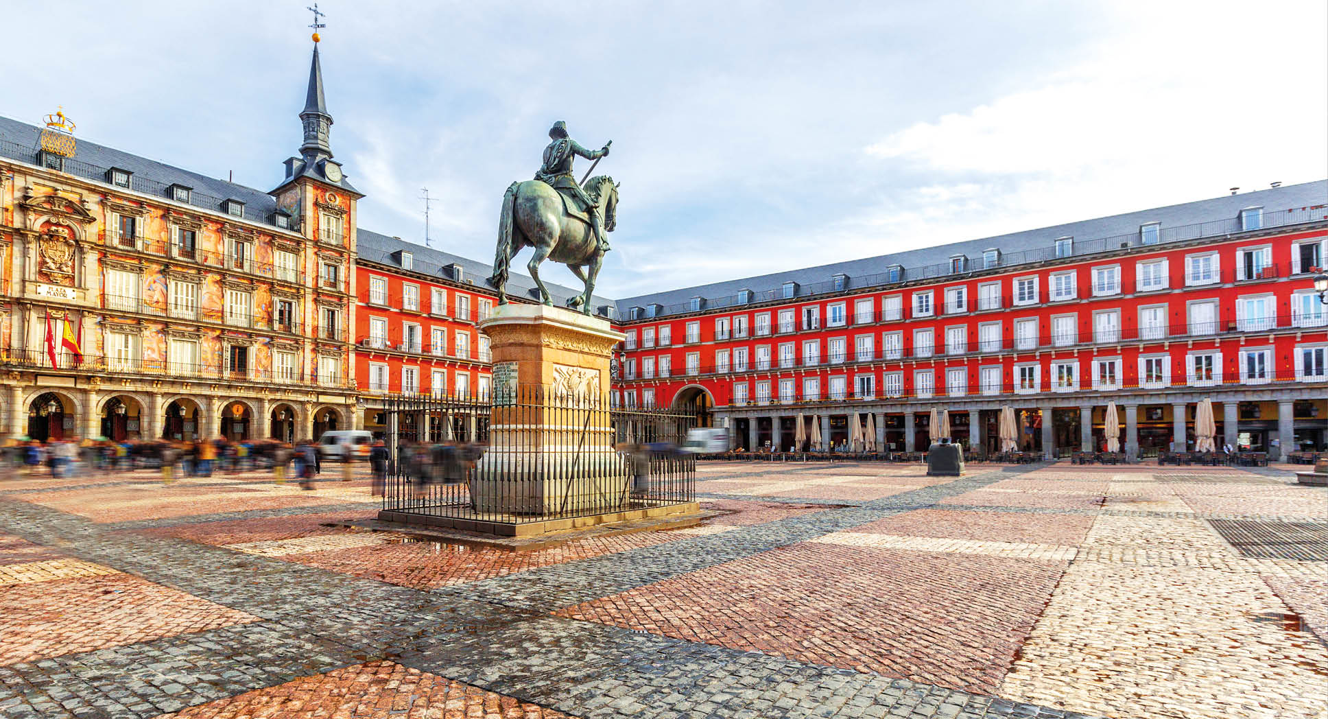 Plaza Mayor with statue of King Philips III in Madrid, Spain